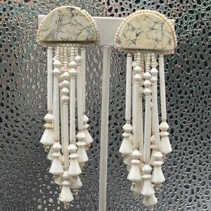 VTG Clip-On Earrings w/ White Marble & Sparkly Stone Beads Long Chandeliar